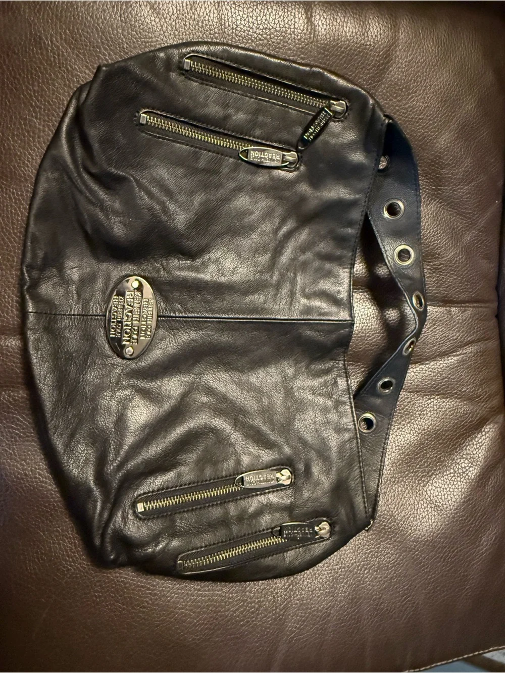 Kenneth Cole Reaction Black Leather Shoulder Hobo with Grommet Strap